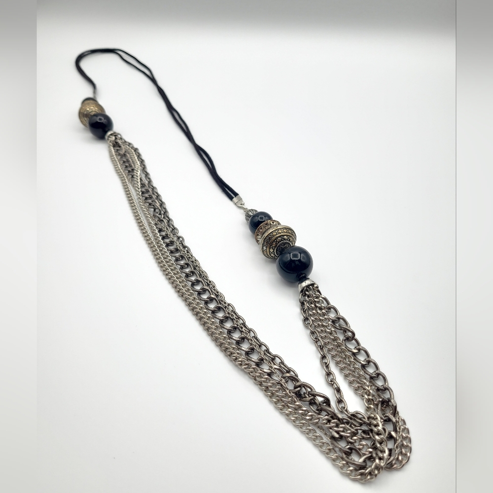 Vintage Multi Strand Chain Tassel Necklace Black Bead Boho Statement